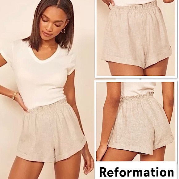 Reformation 100% Linen Sawyer Shorts in Sand XS High Rise Cuffed Boho Minimalist - Picture 2 of 16